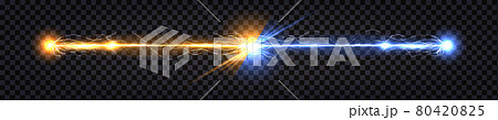 Electric discharge collision, blue vs yellow lightning thunder bolt. Glowing electric shock effect, light flash. Power battle with impulse line wire. Vector illustration Electric discharge collision, blue vs yellow lightning thunder bolt. Glowing electric shock effect, light flash. Power battle with impulse line wire. Vector illustration 80420825