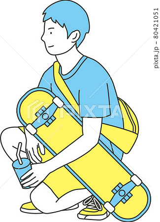 夏の服装でしゃがむ男性スケーターのイラスト素材