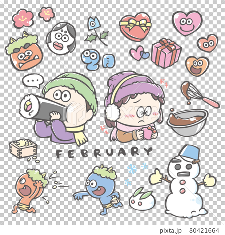 [February illustration] Setsubun, Valentine's Day, snowman, etc. 80421664