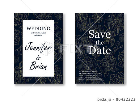 Minimal floral wedding invitation card template design, vintage magnolia line art ink drawing. Vector illustration EPS10 80422223