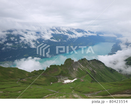 Lake Brienz on a rainy summer day. View from Mount Brienzer Rothorn. Lake Brienz on a rainy summer day. View from Mount Brienzer Rothorn. 80423554