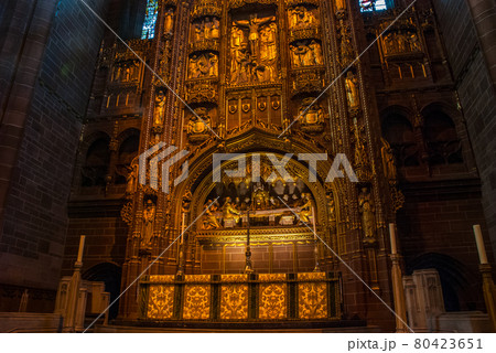 the ornate stained glass over the altar at Liverpool Anglican Cathedral. the ornate stained glass over the altar at Liverpool Anglican Cathedral. 80423651
