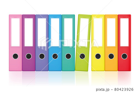 Colored ring binders, colorful blank leaf binder map set, rainbow colors collection for happy office work and tidy filing. Isolated vector illustration on white background. 80423926