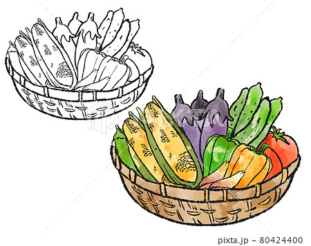 水彩風タッチ夏野菜がカゴに入っているイラストのイラスト素材