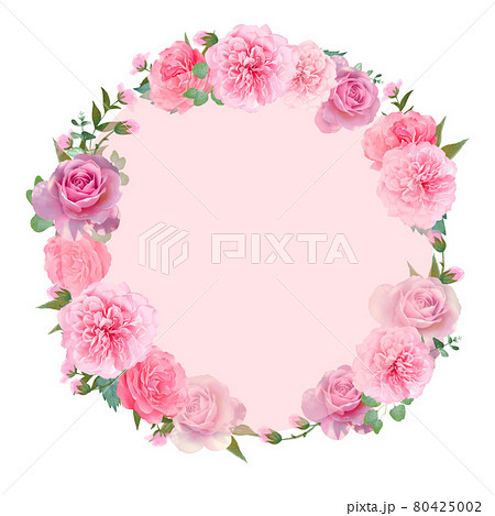 美しい色使いのピンクの薔薇の花と植物の白バックのリースフレームイラスト素材のイラスト素材