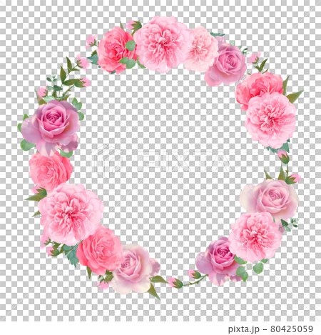 美しい色使いのピンクの薔薇の花と植物の白バックのリースフレームイラスト素材のイラスト素材