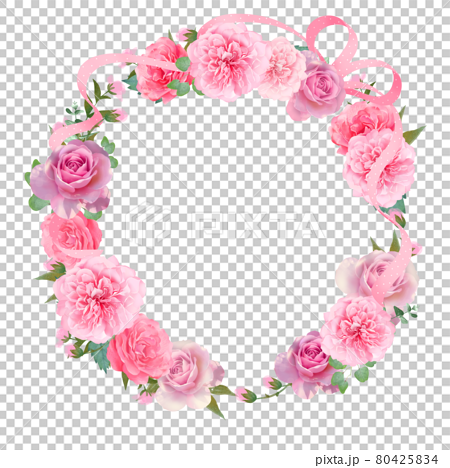 精美上色的粉紅玫瑰花和圓點絲帶及植物白背花環框插畫素材 80425834