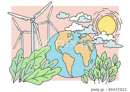 Eco cartoon planet Earth wind mills green leaves. Environmental safety sustainable technology 80425922