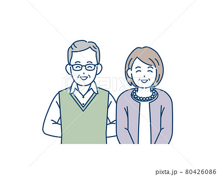 老夫婦　高齢者　年配　男女　笑顔　笑う　上半身　イラスト素材 80426086
