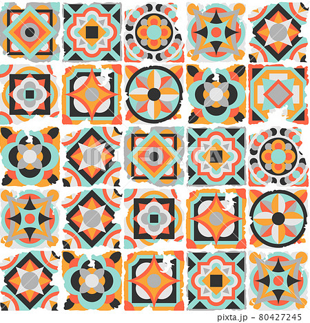 Ceramic tile abstract pattern. Geometric simple motif. Mexican talavera, portuguese azulejo or spanish majolica. Old grunge background with chipped enamel tile. 80427245