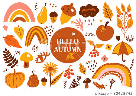 Boho abstract autumn set. Bohemian autumn collection clip art hand drawing style. creative contemporary aesthetic doodle elements harvest, thanksgiving concept. Vector illustration Boho abstract autumn set. Bohemian autumn collection clip art hand drawing style. creative contemporary aesthetic doodle elements harvest, thanksgiving concept. Vector illustration 80428742