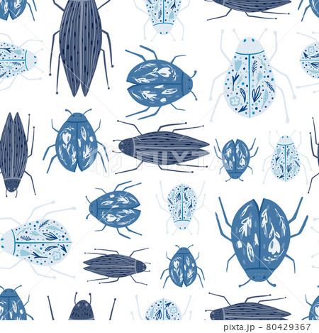 Funny beetle wallpaper. Geometric insect ornament. Blue bugs seamless pattern isolated on white background Funny beetle wallpaper. Geometric insect ornament. Blue bugs seamless pattern isolated on white background 80429367