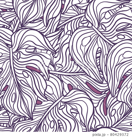 Floral seamless pattern with big purple contoured outline monstera elements. Palm foliage backdrop. Floral seamless pattern with big purple contoured outline monstera elements. Palm foliage backdrop. 80429372