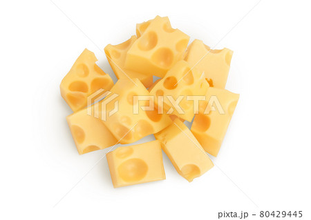 cubes of cheese isolated on white background with clipping path. Top view. Flat lay 80429445