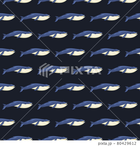 Seamless pattern Blue whale on black background. Template of cartoon character of ocean for fabric. Seamless pattern Blue whale on black background. Template of cartoon character of ocean for fabric. 80429612