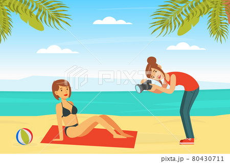 Woman in Swimsuit Posing in Front of Photographer with Professional Camera Vector Illustration 80430711