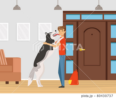 Man Pet Owner Coming Back with His Dog Licking His Face with Joy Vector Illustration Man Pet Owner Coming Back with His Dog Licking His Face with Joy Vector Illustration 80430737