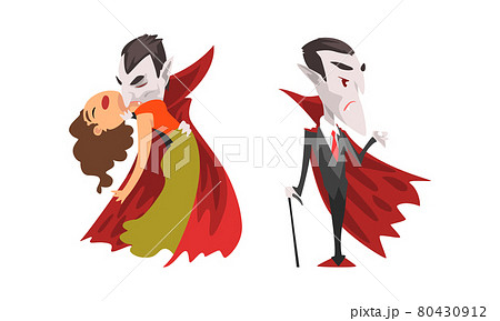 Vampire Set, Count Dracula Character Wearing Black and Red Cape, Happy Halloween Concept Cartoon Vector Illustration 80430912