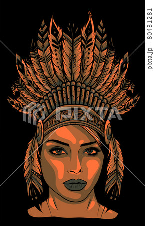 Beautiful girl in a headdress of North American Indians. 80431281
