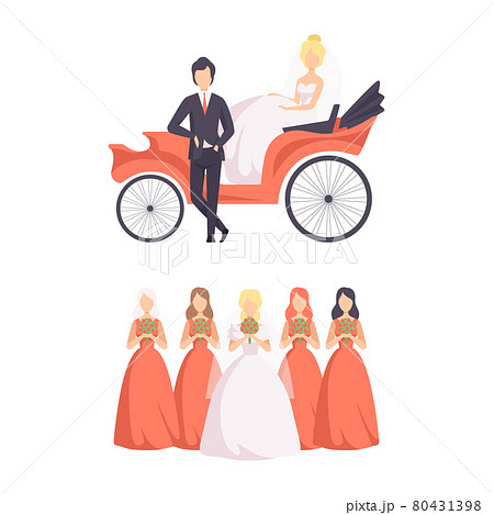 Wedding Ceremony Set, Newlyweds in Wedding Carriage and Bridesmaids Flat Vector Illustration Wedding Ceremony Set, Newlyweds in Wedding Carriage and Bridesmaids Flat Vector Illustration 80431398