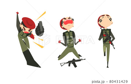 Set of Army Soldiers, Emotional Men in Camouflage Combat Uniform and Red Beret Fighting with Gun Cartoon Vector Illustration 80431429
