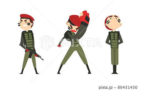 Set of Army Soldiers, Men in Camouflage Combat Uniform and Red Beret Fighting Cartoon Vector Illustration 80431430