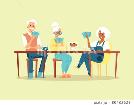 Old people play in card game sitting at table at home or retirement center. 80432623