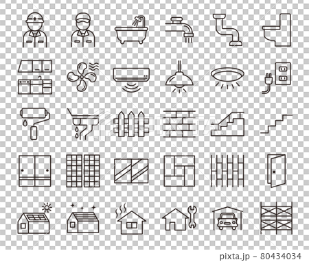 リフォームのシンプルな白黒細線アイコンセット/白背景 リフォームのシンプルな白黒細線アイコンセット/白背景 80434034