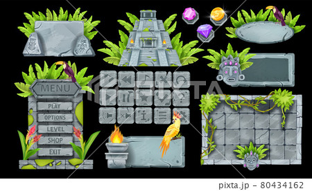 Stone UI game element set, tropical rock button kit, vector menu background, Aztec pyramid, liana 80434162