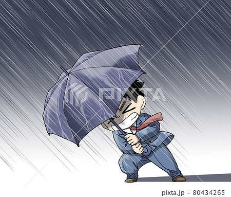 暴風雨の中で傘をさして歩くスーツを着た男性のイラスト素材