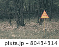 Red-yellow radiation sign on a lawn. Exclusion Zone. Chernobyl, Pripyat 80434314