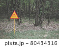 Red-yellow radiation sign on a lawn. Exclusion Zone. Chernobyl, Pripyat 80434316