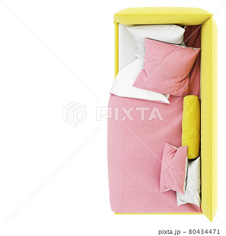 Children's bed with soft fabric yellow upholstery and white-pink bed linen on a white background. Top view. Copyspase. 3d rendering Children's bed with soft fabric yellow upholstery and white-pink bed linen on a white background. Top view. Copyspase. 3d rendering 80434471