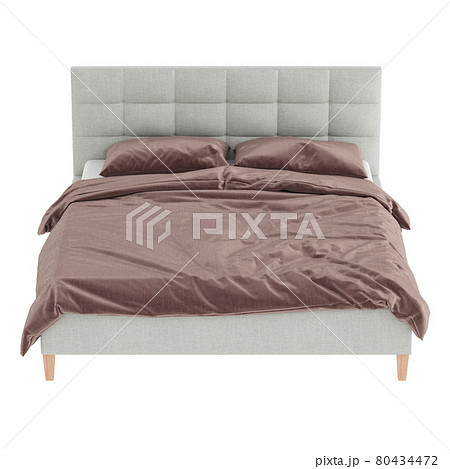 A double gray bed with a stitched fabric headboard and brown linen on a white background. Front view. 3d rendering 80434472