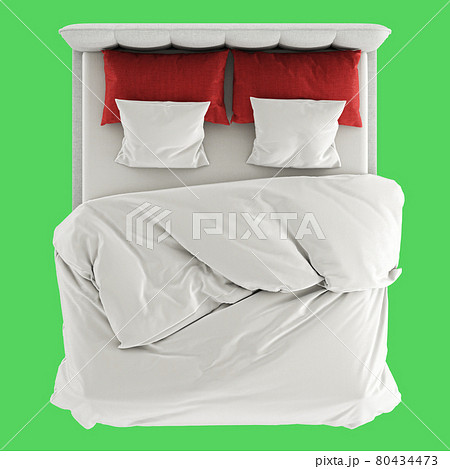 A soft grey bed with a white blanket and a sheet and red-white pillows on a light-green background. Top view. 3d rendering A soft grey bed with a white blanket and a sheet and red-white pillows on a light-green background. Top view. 3d rendering 80434473