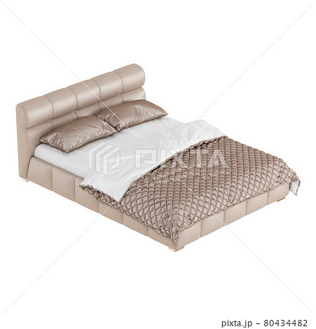 Double bed with tan leather upholstery with two pillows and a quilt on a white background. 3d rendering 80434482