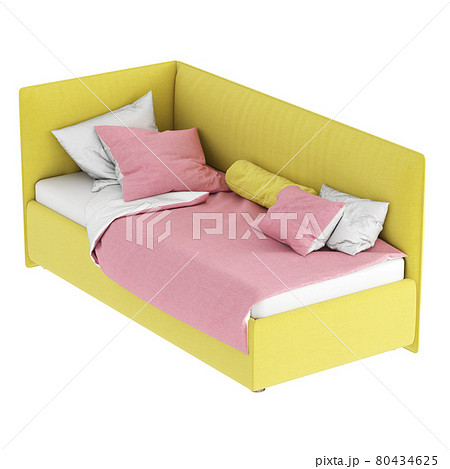Children's bed with soft fabric yellow upholstery and white-pink bed linen on a white background. 3d rendering Children's bed with soft fabric yellow upholstery and white-pink bed linen on a white background. 3d rendering 80434625