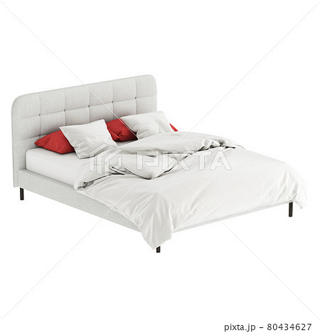 A double grey bed with a soft quilted headboard and red-white linen on a white background. Copyspace. 3d rendering A double grey bed with a soft quilted headboard and red-white linen on a white background. Copyspace. 3d rendering 80434627