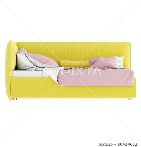 Children's bed with soft fabric yellow upholstery and white-pink bed linen on a white background. Front view. 3d rendering 80434652