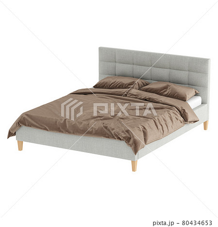 A double gray bed with a stitched fabric headboard and brown linen on a white background. 3d rendering 80434653