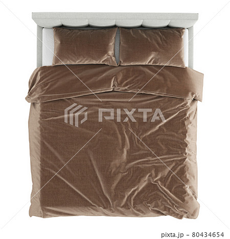 A double gray bed with a stitched fabric headboard and brown linen on a white background. Top view. 3d rendering 80434654