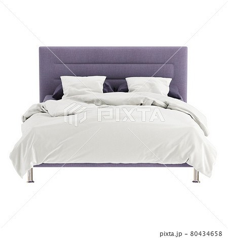 A double bed with soft fabric lilac upholstery and black and white linen on a white background. Front viev. 3d rendering 80434658