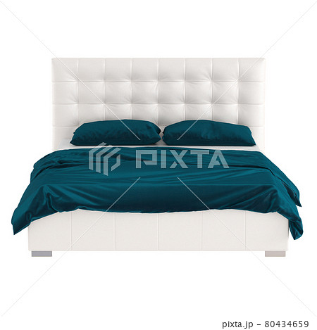 A double white leather bed with a high quilted headboard and dark turquoise linen on a white background. Front viev. 3d rendering 80434659