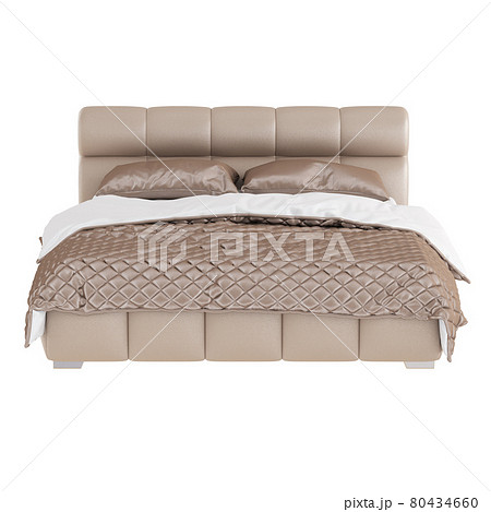 Double bed with tan leather upholstery with two pillows and a quilt on a white background. Front view. 3d rendering 80434660