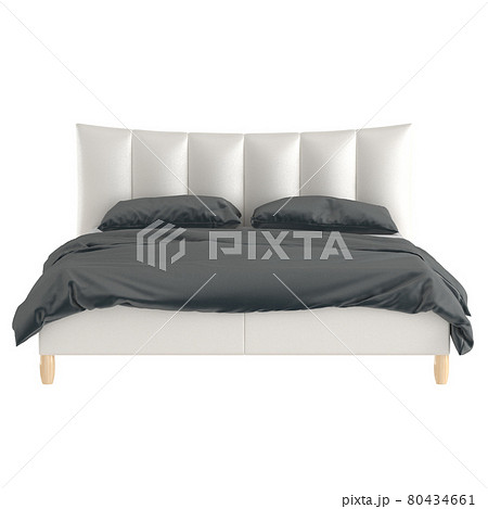 Double bed on wooden legs with pearl leather upholstery and gray bedding on a white background. 3d rendering. Double bed on wooden legs with pearl leather upholstery and gray bedding on a white background. 3d rendering. 80434661