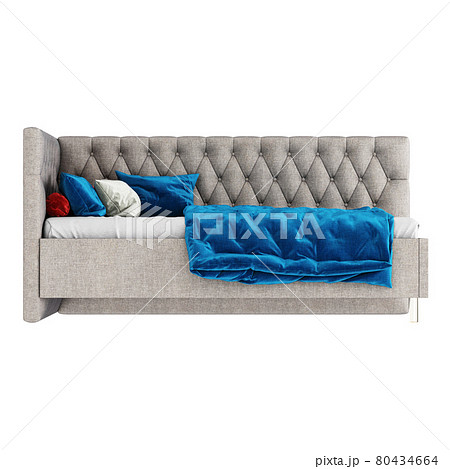 Children's quilted bed with pillows and a blue blanket on a white background. Front view. 3d rendering Children's quilted bed with pillows and a blue blanket on a white background. Front view. 3d rendering 80434664