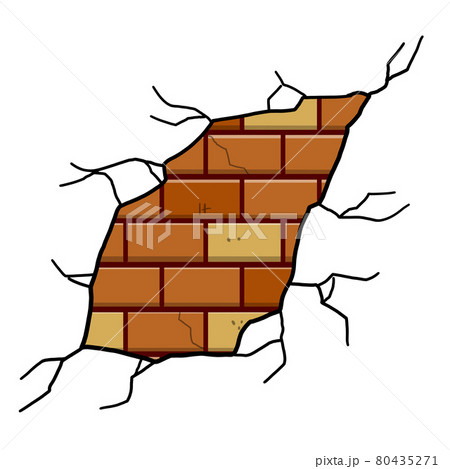Damaged Brick wall. Broken plaster with cracks. Decoration and background element. Detail of house and hole in old building. Damaged Brick wall. Broken plaster with cracks. Decoration and background element. Detail of house and hole in old building. 80435271