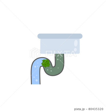 Blockage of pipe. Sink in bath and kitchen. Dirty tube. Water and garbage. Technical work. Broken sewer system. Blue washbasin. Plumbing and sanitary ware. Cartoon flat illustration Blockage of pipe. Sink in bath and kitchen. Dirty tube. Water and garbage. Technical work. Broken sewer system. Blue washbasin. Plumbing and sanitary ware. Cartoon flat illustration 80435320