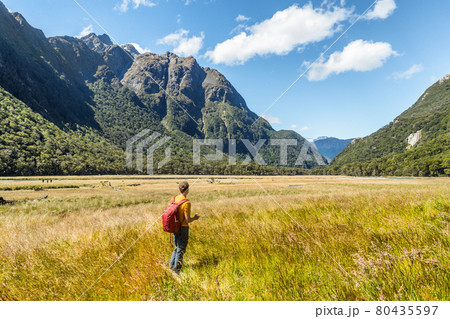 New Zealand tramping hiker man walking at Routeburn Track, Fiordland National Park at Te Anau. Travel destination for hiking. 80435597