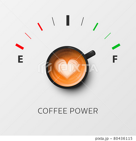 Coffee Power. Vector 3d Realistic Black Mug with Milk Coffee and Fuel Gauge. Vapuccino, Latte. Concept Banner with Coffee Cup. Heart Pattern. Design Template. Top View 80436115